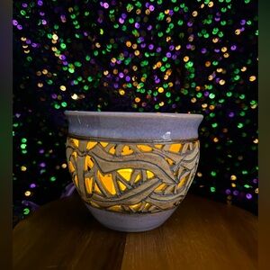 Signed Pendleton Candle Holder, reticulated, purple blue glaze.